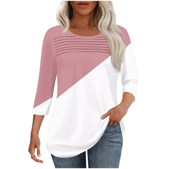 4th of July Womens Shirts,Women Blouses Crew Neck Solid Color,Gradient,Check,Print,Stripes 3/4 Sleeve Fashion Wrinkled Loose-Fitting Oversized T Shirt Cropped Sleeve Blouses for Women Dressy Casual