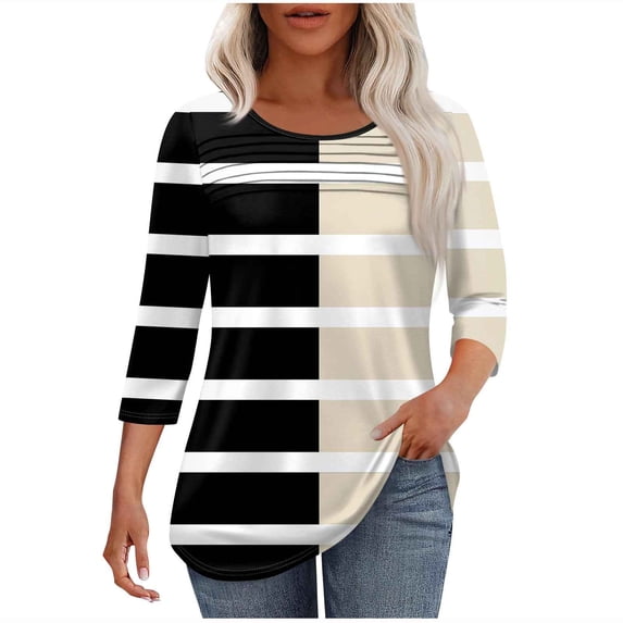 4th of July Womens Shirts,Women Blouses Crew Neck Solid Color,Gradient,Check,Print,Stripes 3/4 Sleeve Fashion Wrinkled Loose-Fitting Oversized T Shirt Cropped Sleeve Blouses for Women Dressy Casual