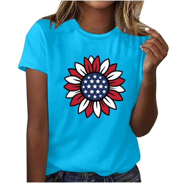 4th of July Womens Summer Tops American Flag Star Sunflower Graphic ...