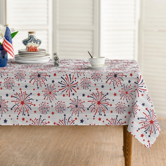 4th of July Wood-Grain Tablecloth 52x70 Inch Rectangular, Patriotic Firework Red Blue American Independence Day Memorial Day Wood-Grain Table Cover for Party Picnic Dinner Decor