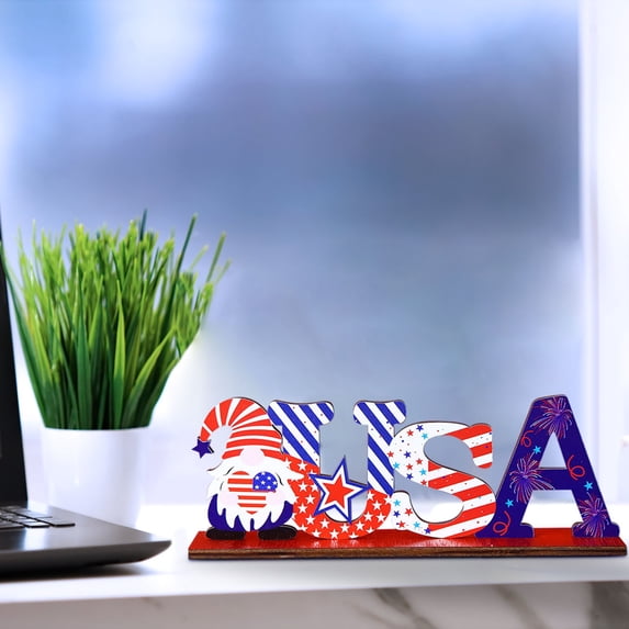 4th of July Wooden Signs,Small Wooden Patriotic Signs,4th of July Decorations Table Wooden Sign,Gnome Table Tiered Tray Centerpiece Decor for Veterans Memorial Independence Day Party Supplies