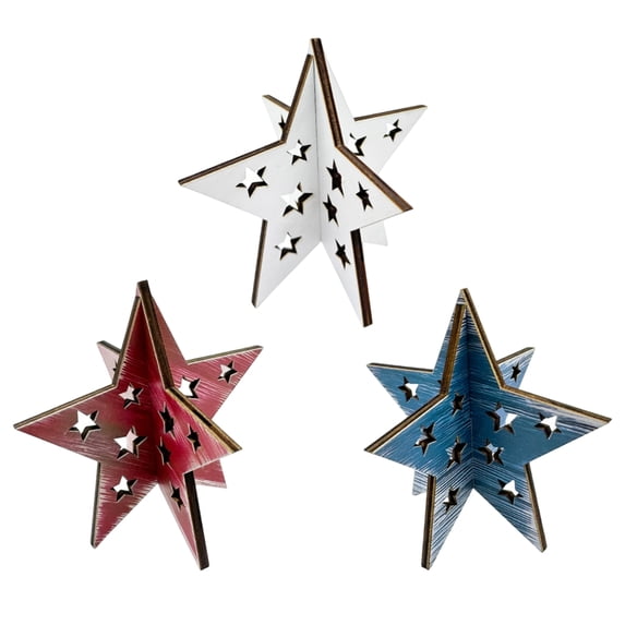 4th of July Wooden Star,250th Anniversary 3D Patriotic Memorial Day Tiered Tray,,Decor Rustic Red White Blue Star,Table Decor for American Independence Day Home Office F Shelf