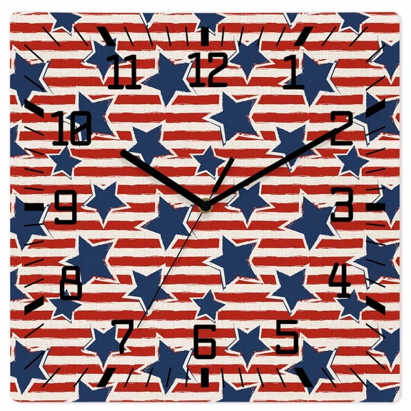 4th of July Wooden Wall Clock Silent Non Ticking, Independence Day Blue Star Red Striped Rustic Square Wall Clocks Battery Operated, Decor Clock for Home Office, Living Room, Kitchen, 12 Inch