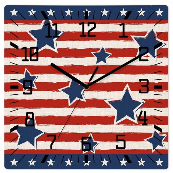 4th of July Wooden Wall Clock Silent Non Ticking, Independence Day Patriotic Red Striped Blue Star Square Wall Clocks Battery Operated, Decor Clock for Home Office, Living Room, Kitchen, 12 Inch