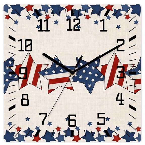 4th of July Wooden Wall Clock Silent Non Ticking, Patriotic Blue Red Star Independence Day Square Wall Clocks Battery Operated, Decor Clock for Home Office, Living Room, Kitchen, 12 Inch
