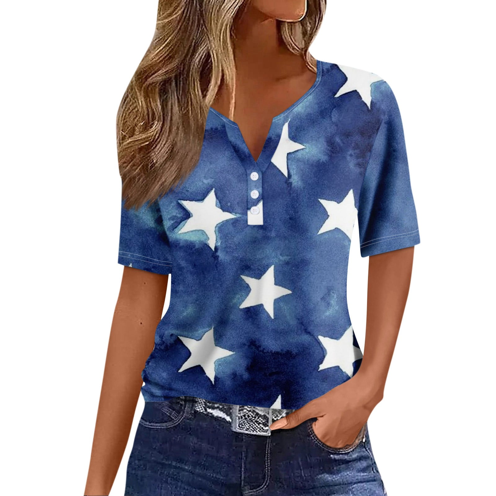 4th of July Workout Tops for Women Loose Fit Henley Neck Buttons Tops ...