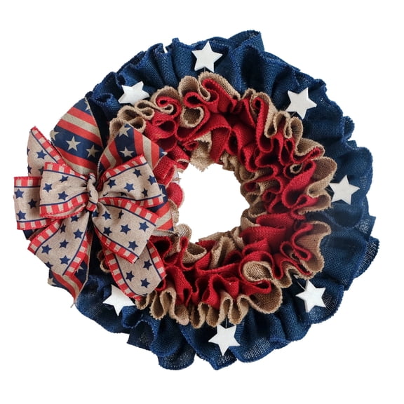 Idyllic 18" 4th of July Burlap Wreath, Blue Star Outer Ring with Red & Brown Inner Ring