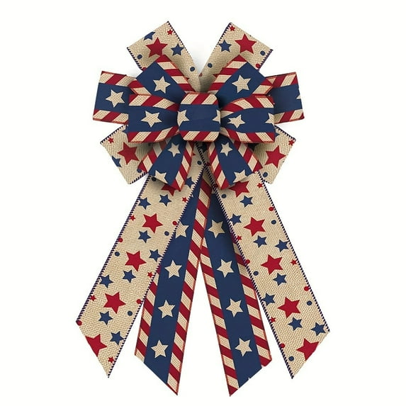 4th of July Wreath Bow 3-Layers Stars and Stripes Patriotic Wreath Bow, Patriotic Decorative Craft Bow for Memorial Day Independence Day Indoor Outdoor Decoration