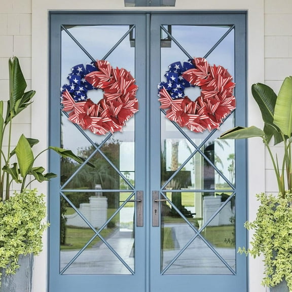 4th of July Wreath for Front Door, Patriotic Flag Wreath, Memorial Day Independence Day Summer Holiday Decor, Red White and Blue Garden Porch Hanging Ornamen