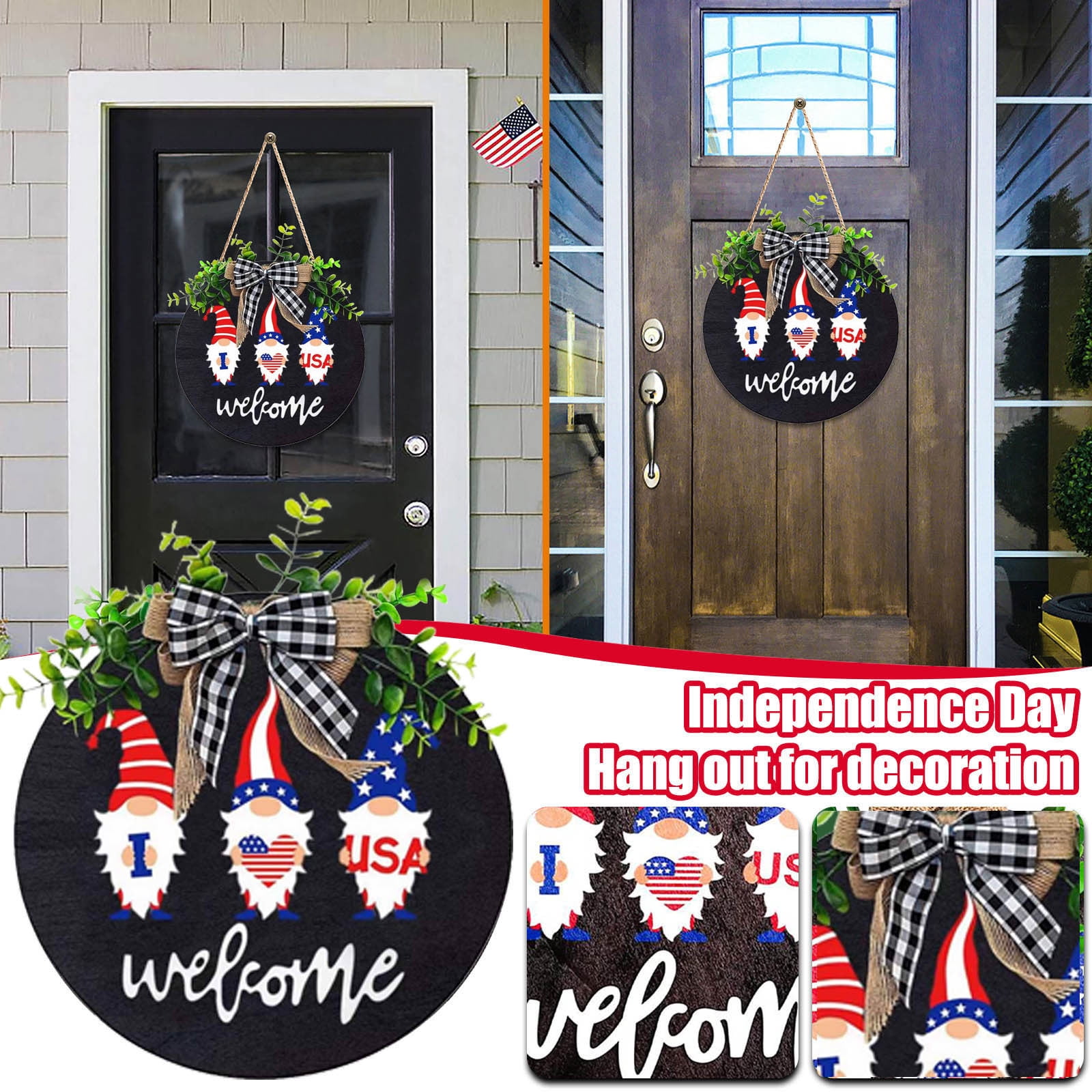4th of July Wreath for Front Door, Patriotic Wooden Sign