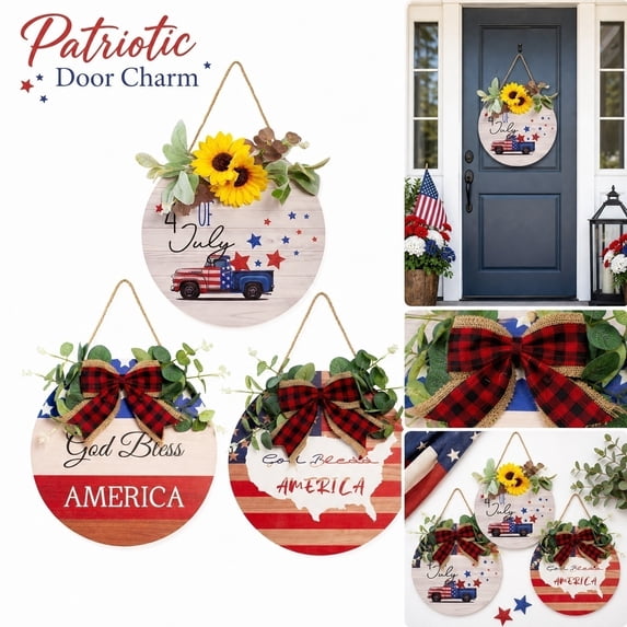 4th of July Wreath, Patriotic Wreaths for Front Door Wooden Welcome Wreath for Front Door, Independence Memorial Day Decorations - Round Outdoor Door Hanger for Porch, Wall, Window Decor