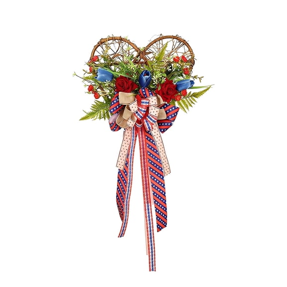 4th of July Wreaths for Front Door, Heart-Shaped Wreath, Rustic Farmhouse Heart Decoration, Floral Swag Wreath for Front Door with Ribbon Daisy July Independence Day Hanging Wreath
