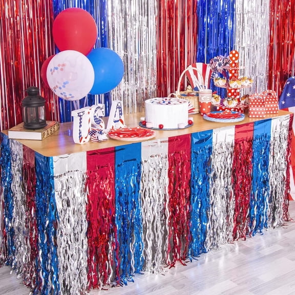 4th of July tions, 2 Pack Red White and Blue Wavy Tinsel Foil Fringe Table Skirt for Rectangle and Round Tables, Perfect Table tions for Memorial Day, Labor Day, Veterans Day