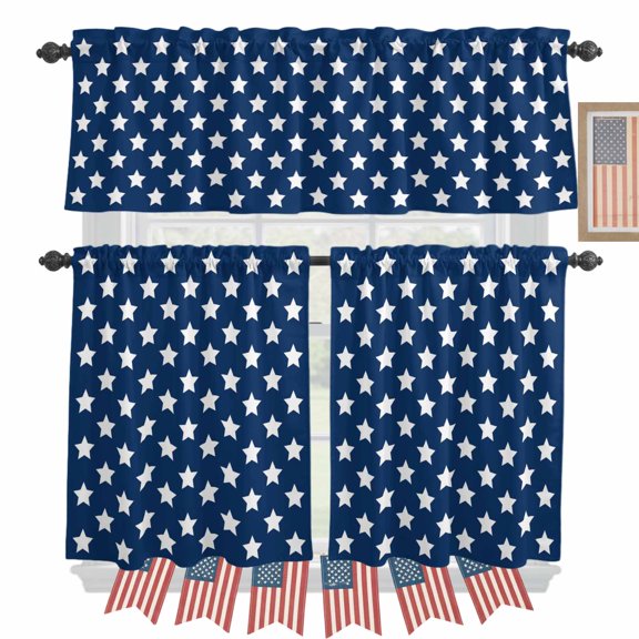 4th of Kitchen Curtains Valances 3 Piece Set, July Patriotic Independence Day USA Flag Star Blue Rod Pocket Tier Curtain and Valance Drapes for Small Window 24 Inch Length for Bedroom Cafe