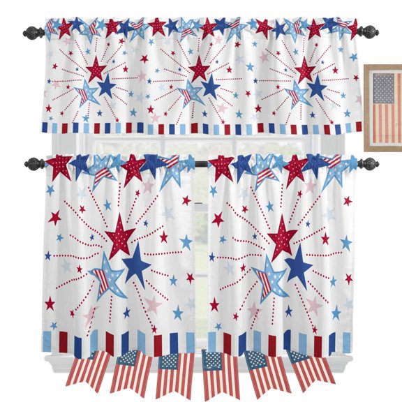 4th of Kitchen Curtains Valances 3 Piece Set, July Patriotic Independence Day USA Flag Star Red Blue Stripe Rod Pocket Tier Curtain and Valance Drapes for Small Window 36 Inch Length for Bedroom Cafe