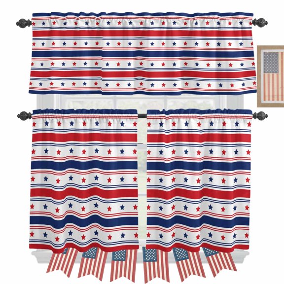 4th of Kitchen Curtains Valances 3 Piece Set, July USA Flag Red Blue Stripes Rod Pocket Tier Curtain and Valance Drapes for Small Window 24 Inch Length for Bedroom Cafe