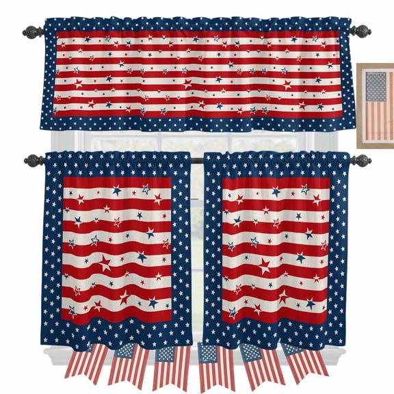 4th of Kitchen Curtains Valances 3 Piece Set, July USA Flag Star Patriot Blue Red Stripes Rod Pocket Tier Curtain and Valance Drapes for Small Window 24 Inch Length for Bedroom Cafe