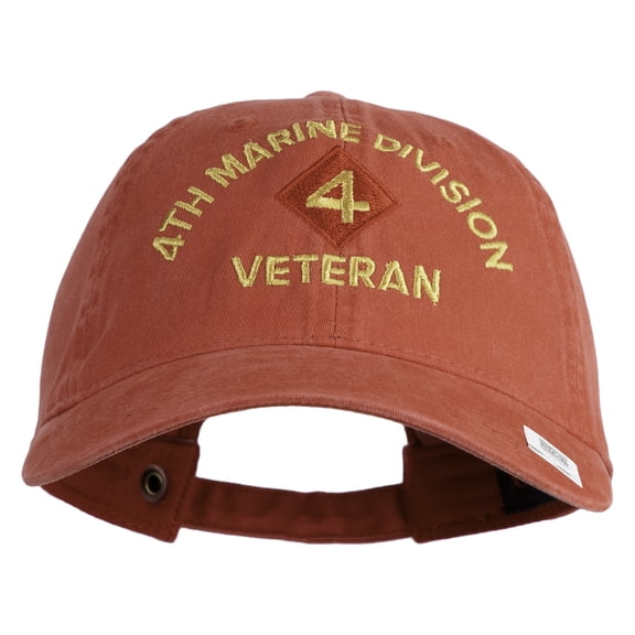4th Marine Division Veteran Embroidered Washed Solid Pigment Dyed Cotton Twill Brass Buckle Cap - Red OSFM