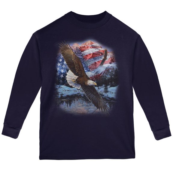 4th Of July American Flag Bald Eagle Youth Long Sleeve T Shirt Navy YLG