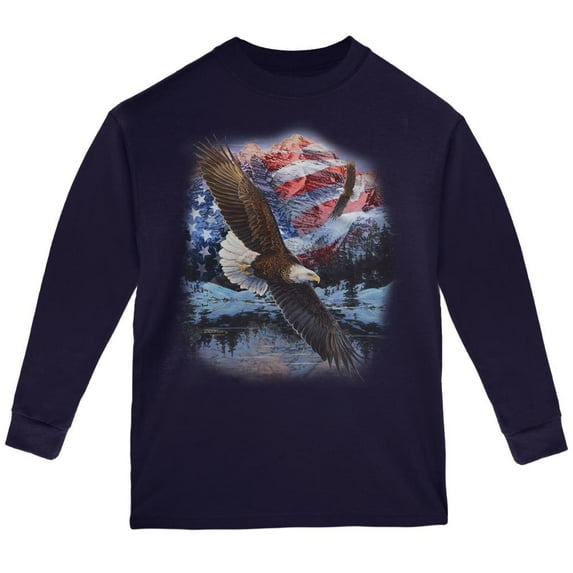 4th Of July American Flag Bald Eagle Youth Long Sleeve T Shirt Navy YMD