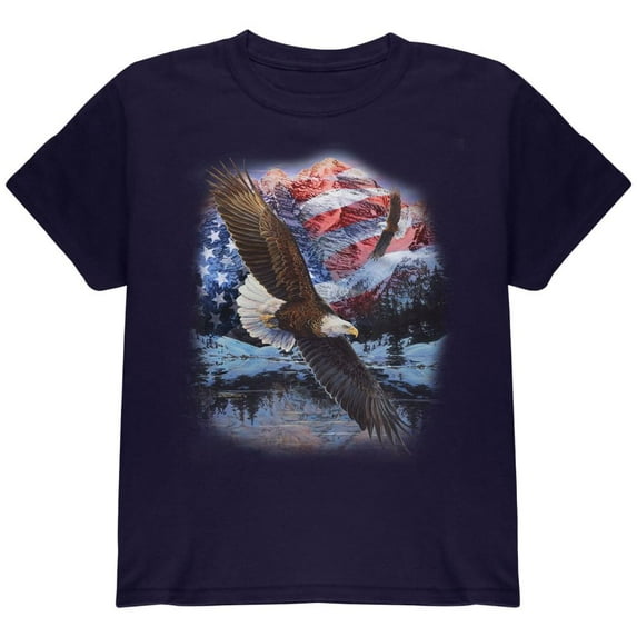 4th Of July American Flag Bald Eagle Youth T Shirt Navy YLG