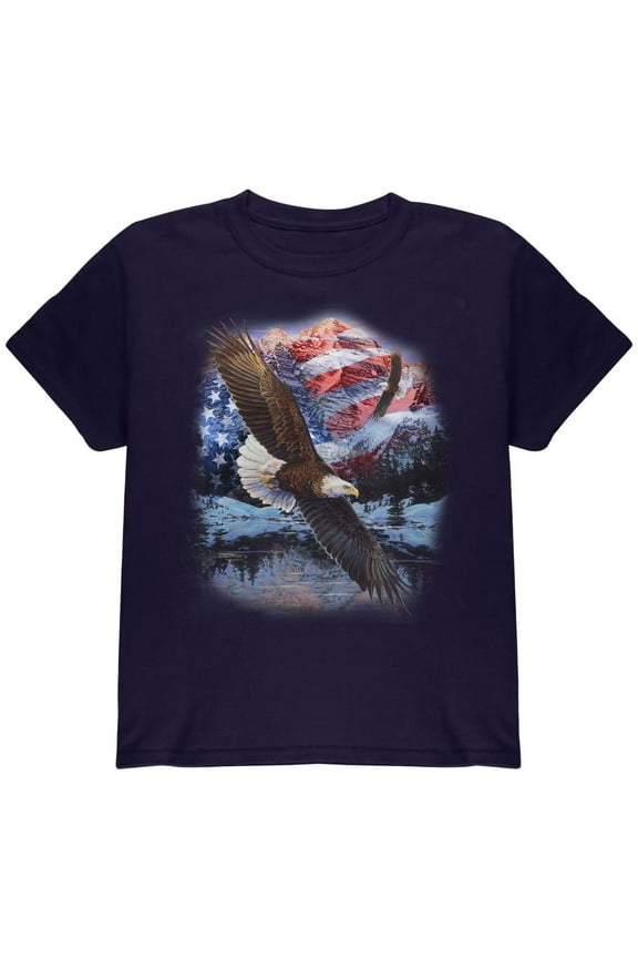 4th Of July American Flag Bald Eagle Youth T Shirt Navy YMD
