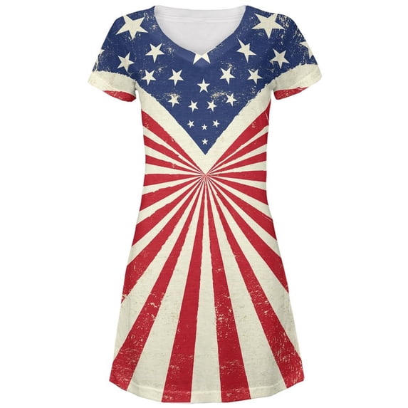 4th Of July American Flag Rays Juniors V-Neck Beach Cover-Up Dress