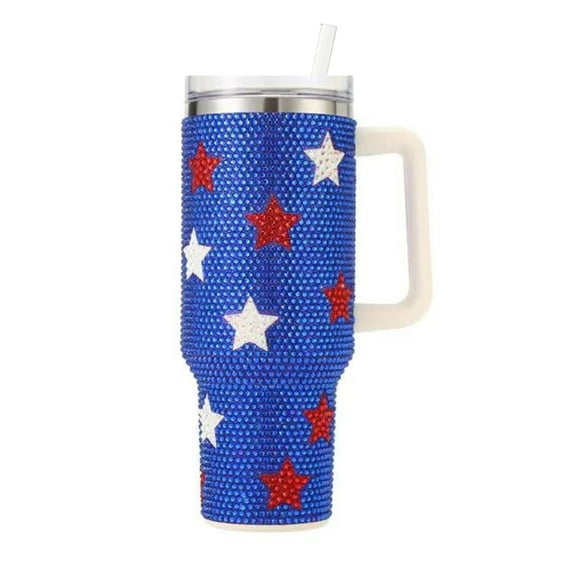 4th Of July American Flag Rhinestone Tumbler 40 oz with Lid Blue with Stars Bling Modern With Handle Straw Lid Fireworks Simply Cups Patriotic