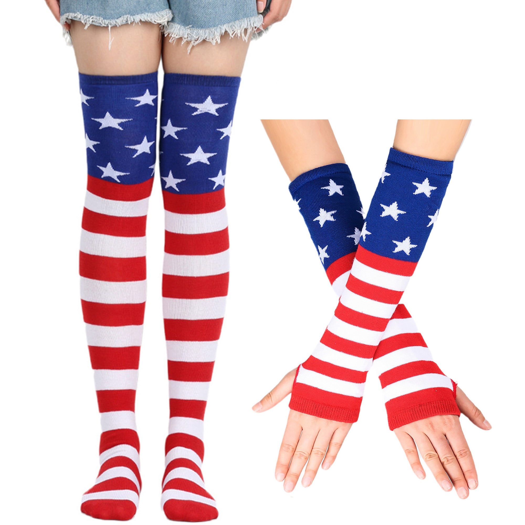 Girls Striped Knee High Socks & Fingerless Gloves Set – Cute Halloween, Cosplay, Party Outfit Accessories