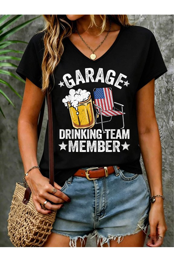 4th Of July Beer American Flag Garage Drinking Team Member V Neck T-Shirt Cotton V Neck Tee, Patriotic Shirt, USA Flag Graphic, Fourth of July Outfit