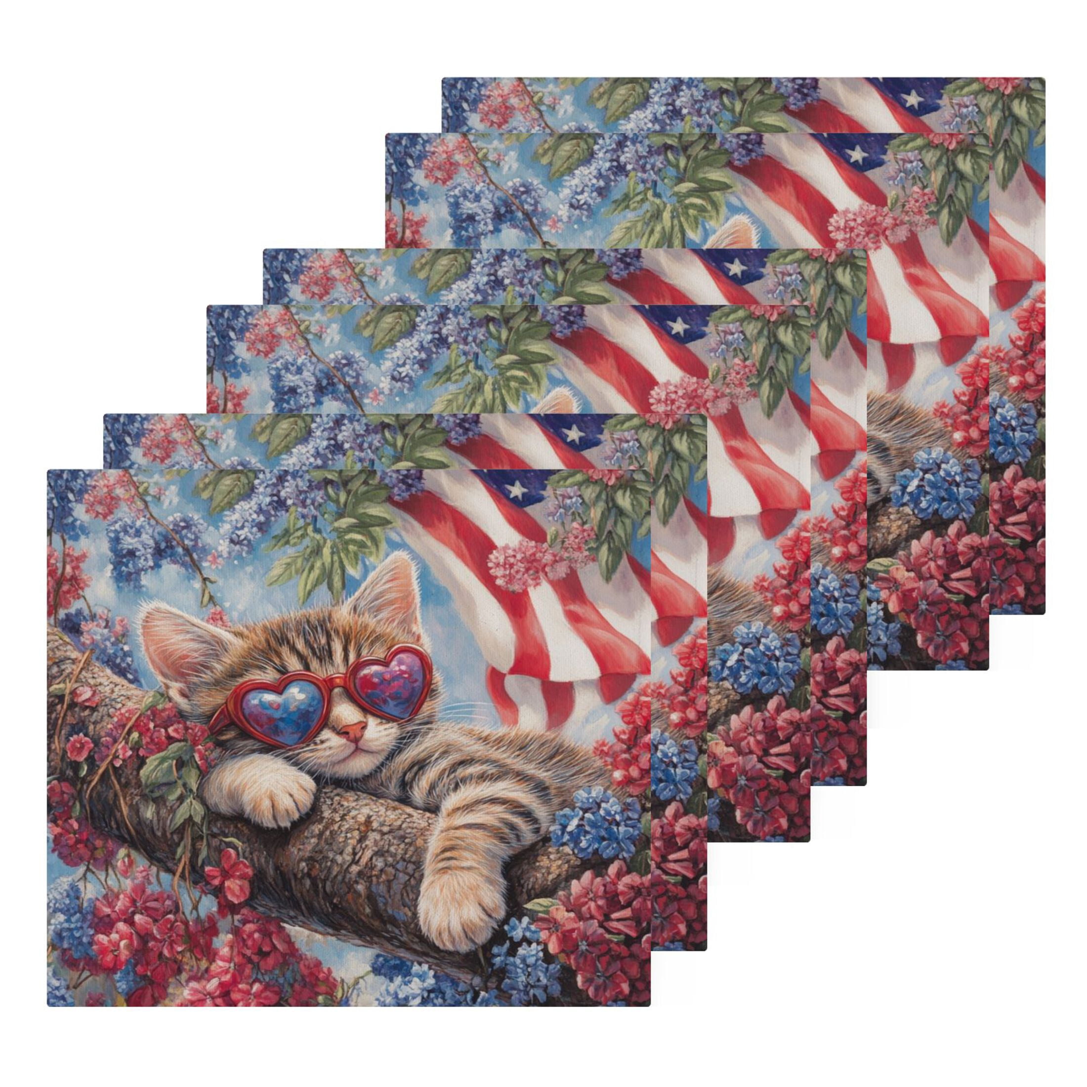 4th Of July Cat 100% Cotton Face Towel 12x12in Soft Absorbent Washcloth Durable Printed Hand Towels for Bathroom Travel 6 Pcs
