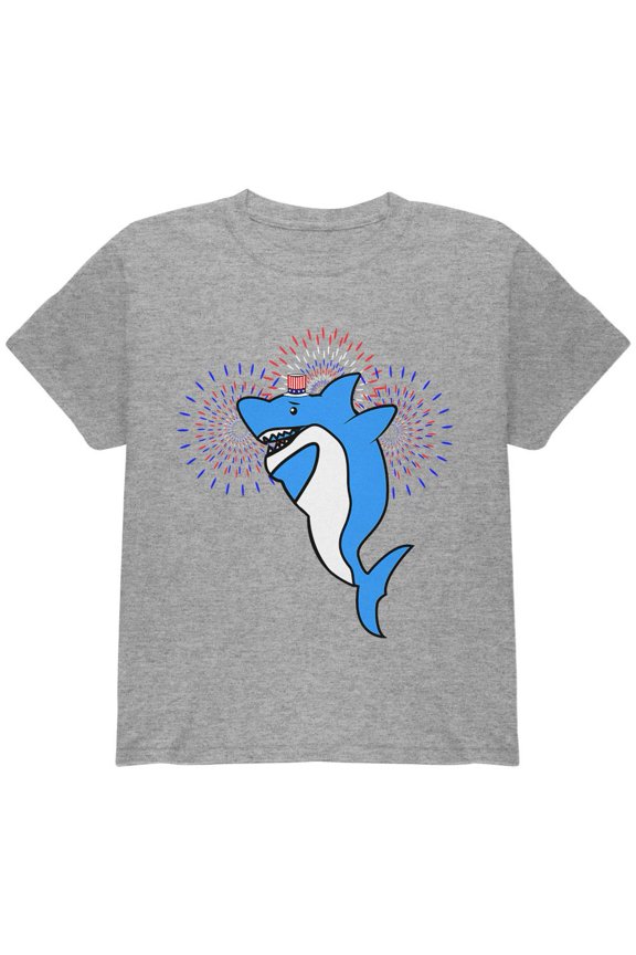 4th Of July Dabbing Shark Fireworks Youth T Shirt Heather Youth X-SM