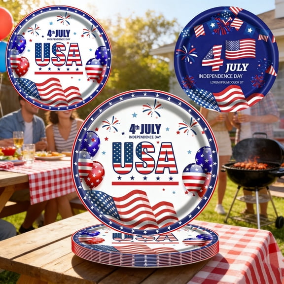 4th Of July Decorations, Independence Day Paper Plates 30 Pack, Patriotic Red White Blue Star Disposable Plates for Family Gatherings Outdoor BBQ