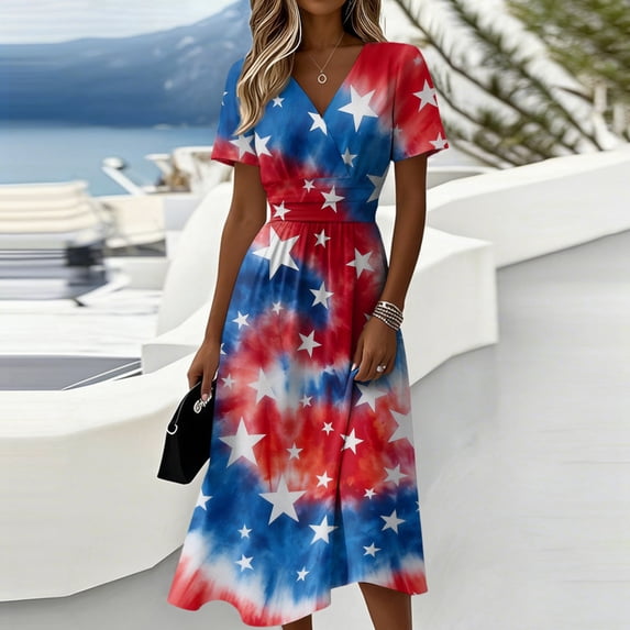 4th Of July Dress Women 2025 Independence Day Print Dress Summer Cocktail A-Line Swing Dress