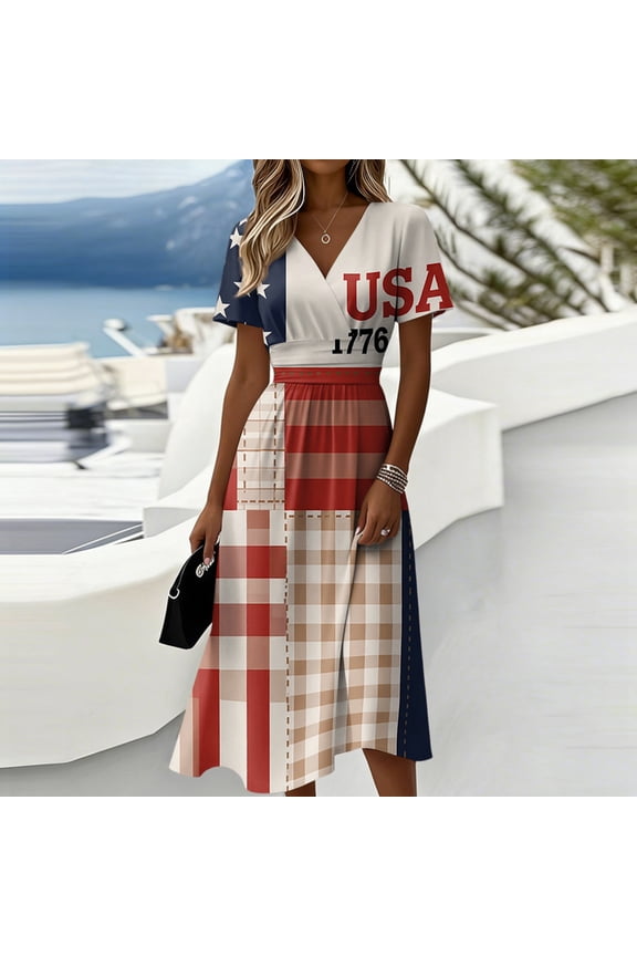 4th Of July Dress Women American Flag Print A-Line Independence Day Dresses Short Sleeve Midi Summer Long Dresses