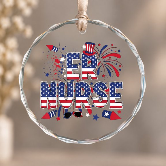 4th Of July Emergency Nurse American Flag ER Nurse Theme Ornament, Room Decor, Circle Glass Ornament