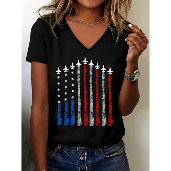4th Of July Fighter Jet Airplane Red White Blue USA Flag V Neck T-Shirt ...