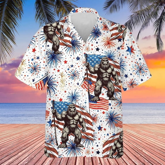 4th Of July Firework Bigfoot Hawaiian Shirt Independence Day Aloha Shirt Bigfoot Shirts, 4th Of July Gift USA Flag Shirt.