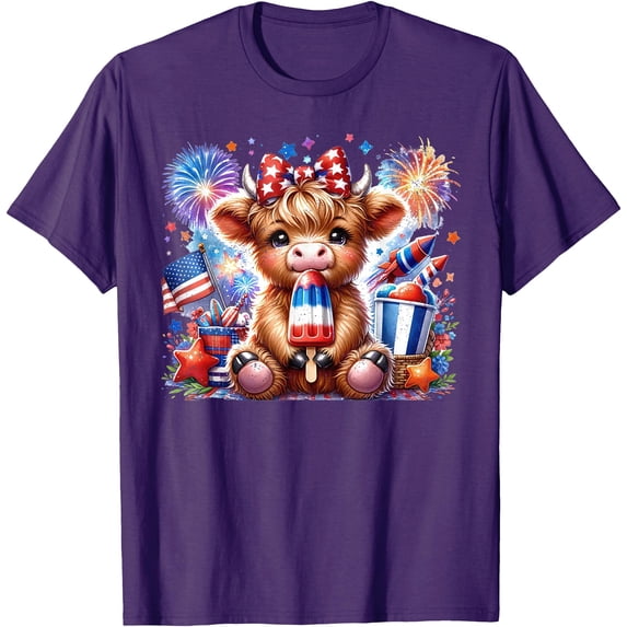 4th Of July Highland Cow Firework USA American Softstyle Unisex T-Shirt,Purple Color,Size 3XL