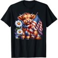 thumbnail image 1 of 4th Of July Holiday Highland Cow Florals USA Flag Cute T-Shirt, Size S-5XL, 1 of 4