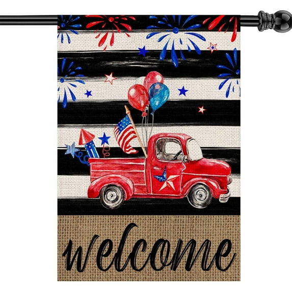 4th Of July House Flag Patriotic USA Truck Welcome Flags Double Sided Vertical Burlap Yard Outdoor Independence Day Memorial Day Decor 28x40 Inch