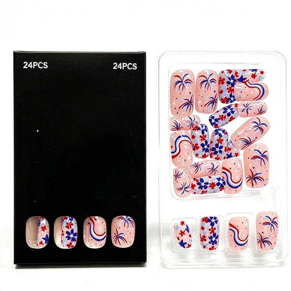 4th Of July Independence Day French Tip Press-On Nails, Almond,Red White Blue, Medium, 24 Count,G