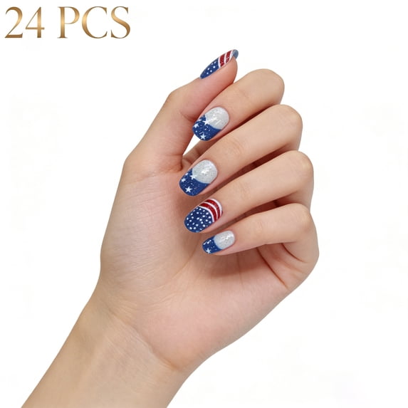 4th Of July Independence Day French Tip Press-On Nails, Almond,Red White Blue, Short, 24 Count,A