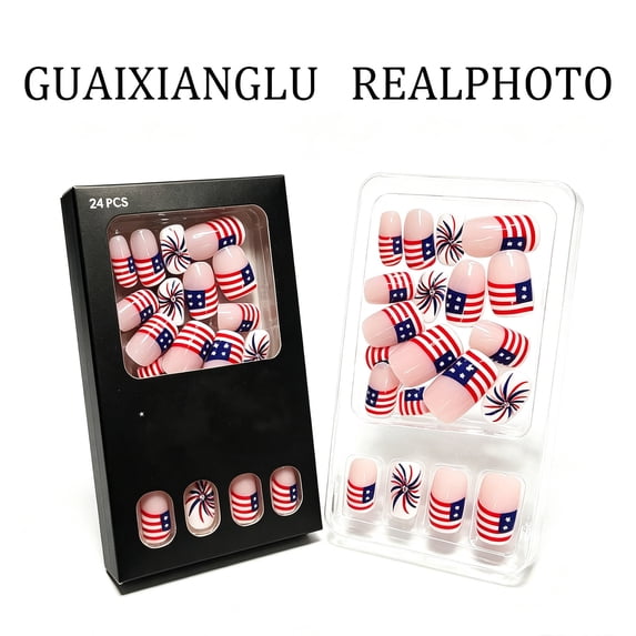 4th Of July Independence Day French Tip Press-On Nails, Almond,Red White Blue, Short, 24 Count,B