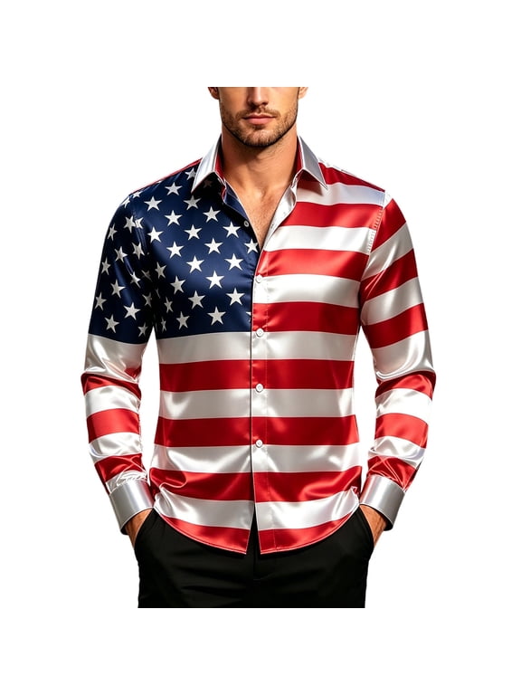 4th Of July Long Sleeve Shirts For Men American Flag Lapel Collar Button Down Patriotic Independence Day Casual Stylish Outdoor Summer Shirts For Men