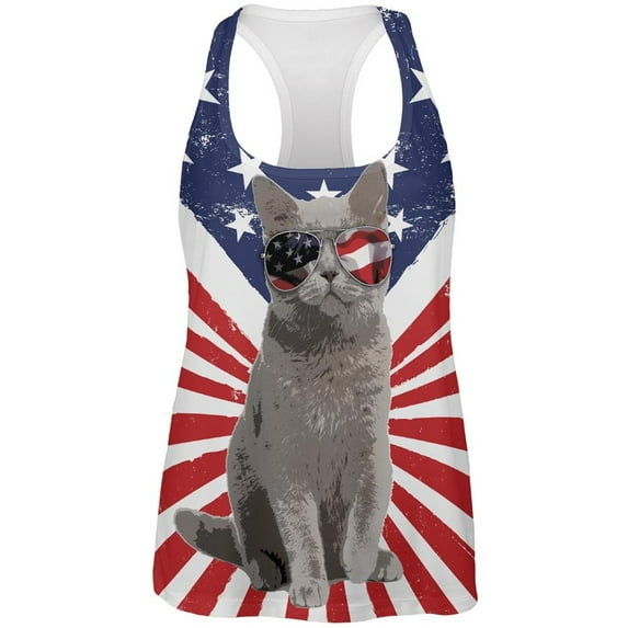 4th Of July Meowica America Patriot Cat All Over Womens Work Out Tank Top Multi MD