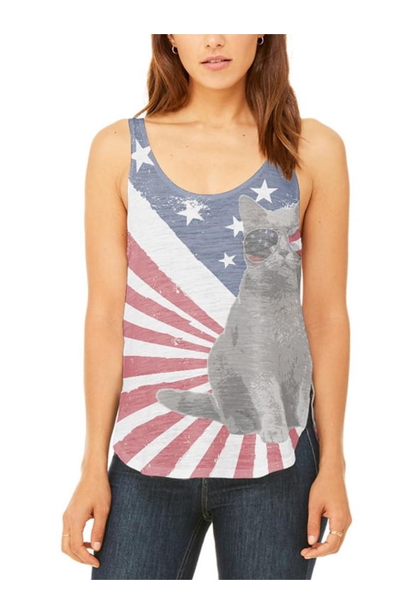 4th Of July Meowica America Patriot Cat Juniors Flowy Side Slit Tank Top Multi MD
