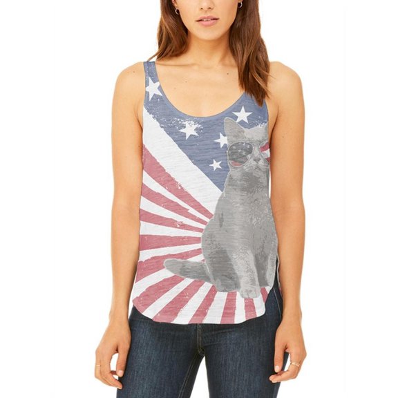 4th Of July Meowica America Patriot Cat Juniors Flowy Side Slit Tank Top Multi SM