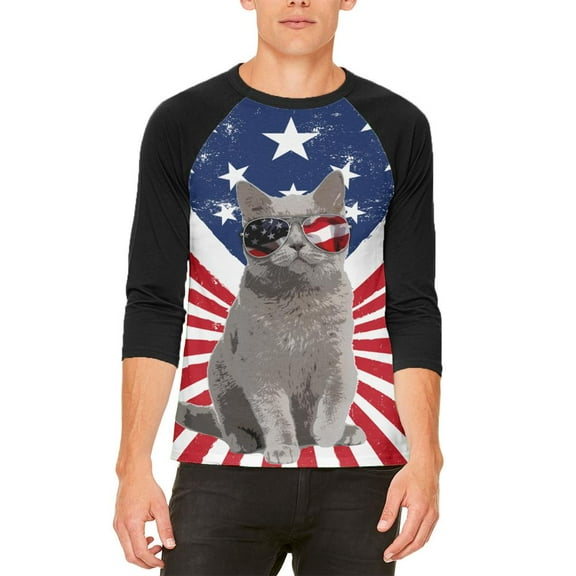 4th Of July Meowica America Patriot Cat Mens Raglan T Shirt White-Black SM