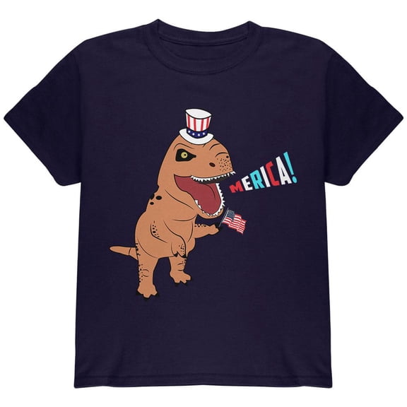 4th Of July Merica Patriotic T-Rex Dinosaur Youth T Shirt Navy YLG